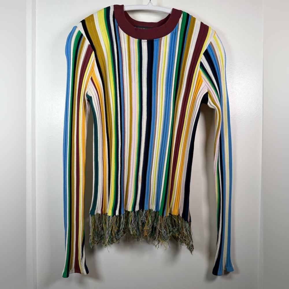Milly Colorful Striped Fringe Crew Neck Sweater
